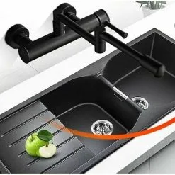 Soleil Wall-Mounted Kitchen Faucet, Telescopic Folding, Black Wall-Mounted Faucet, Wall-Mounted Brass Faucet, Wall-Mounted Mixer Tap, Ceramic, Kitchen Sink, Doub -Faucet Shop 100165220 3