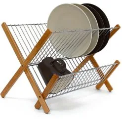 Relaxdays CROSS Bamboo And Chromed Steel Draining Rack: 27 X 38 X 29 Cm Drying Rack Folding Dish Drainer For Plates, Cups, Glasses, Natural