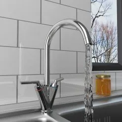 Faucet Shop 23 NRG Modern Solid Brass Tap Swivel Spout Twin Dual Lever Kitchen Sink Mixer Faucet Chrome