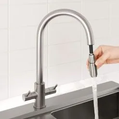 Architeckt Modern Kitchen Tap Double Lever Pull Out Spray Brushed Finish Hot And Cold -Faucet Shop 18012577 3