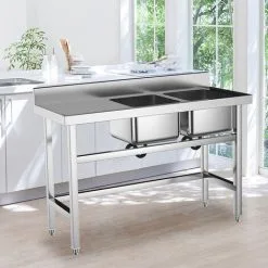 Livingandhome Stainless Steel Commercial Double Kitchen Sink With Bowl Side Platform -Faucet Shop 23559363 3