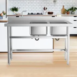 Livingandhome Stainless Steel Commercial Double Kitchen Sink With Bowl Side Platform -Faucet Shop 23559363 4