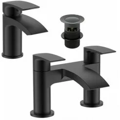 GRAVITY BATHROOMS Black Matt Waterfall Basin & Bath Filler Tap Lever Round Deck Mounted Modern