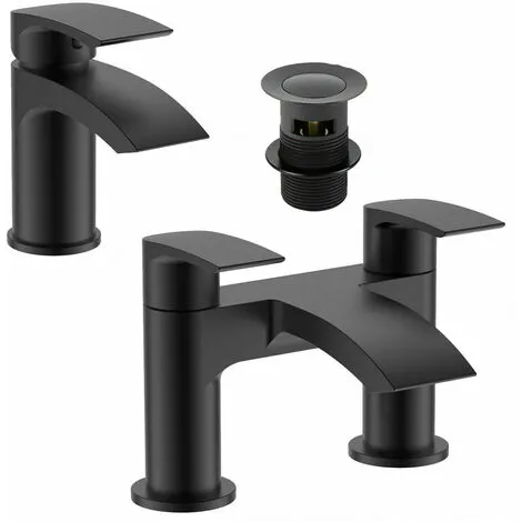 GRAVITY BATHROOMS Black Matt Waterfall Basin & Bath Filler Tap Lever Round Deck Mounted Modern 1 GRAVITY BATHROOMS Black Matt Waterfall Basin & Bath Filler Tap Lever Round Deck Mounted Modern
