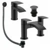 GRAVITY BATHROOMS Black Matt Waterfall Basin & Bath Filler Tap Lever Round Deck Mounted Modern