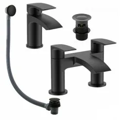 GRAVITY BATHROOMS Black Matt Waterfall Basin & Bath Filler Tap Lever Round Deck Mounted Modern