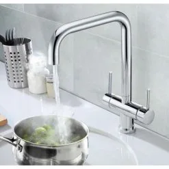BUYAPARCEL Chrome 3 In 1 Instant Boiling Hot Water Twin Lever Kitchen Tap Only Cool Touch -Faucet Shop 28373955 4