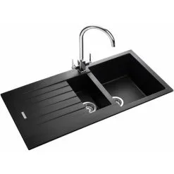 Rangemaster Andesite Kitchen Sink 1.5 Bowl Black Granite Inset Reversible Waste