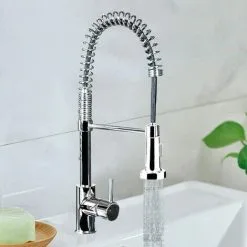 DAY PLUS Chrome Monobloc Kitchen Sink Mixer Tap Swivel And Spring Spout Pull Out Hose Spray Single Lever Swan Neck Faucet, 10 Year Warranty