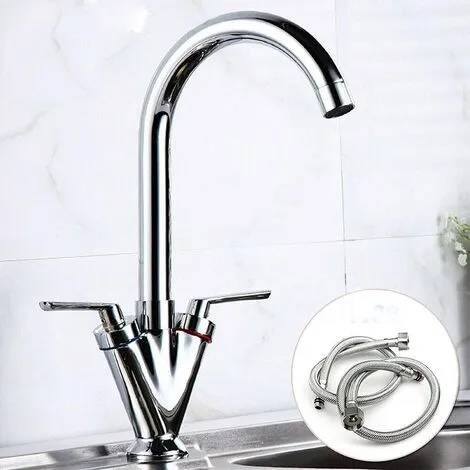 DAY PLUS Kitchen Mixer Tap Traditional With Swivel Spout Monobloc Basin Taps Twin Lever Hot & Cold Water Control + Free Hoses - 10 Years Warranty 1 DAY PLUS Kitchen Mixer Tap Traditional With Swivel Spout Monobloc Basin Taps Twin Lever Hot & Cold Water Control + Free Hoses - 10 Years Warranty