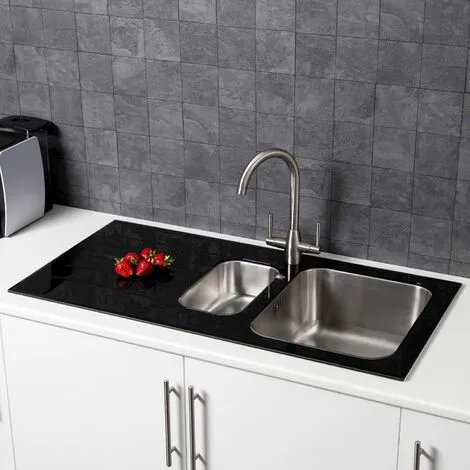 Sauber Kitchen Sink 1.5 Bowl LH Drainer Black Glass Stainless Steel Inset Waste 1 Sauber Kitchen Sink 1.5 Bowl LH Drainer Black Glass Stainless Steel Inset Waste