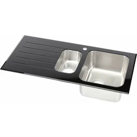 Sauber Kitchen Sink 1.5 Bowl LH Drainer Black Glass Stainless Steel Inset Waste 3 Sauber Kitchen Sink 1.5 Bowl LH Drainer Black Glass Stainless Steel Inset Waste - Image 3