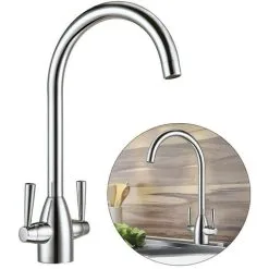 BUYAPARCEL Modern Mono Kitchen Sink Mixer Tap Brushed Nickel Twin Lever Swivel Spout +Flexi