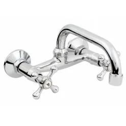 Hydroland Chromed Brass Wall Mounted Mixer Faucet 20cm C-type Spout Tap With Retro Heads