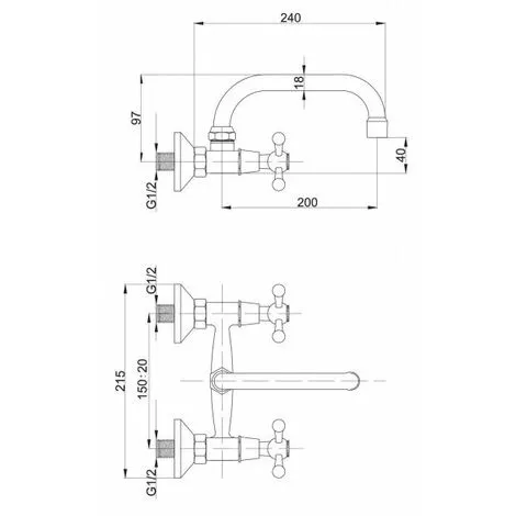 Hydroland Chromed Brass Wall Mounted Mixer Faucet 20cm C-type Spout Tap With Retro Heads 2 Hydroland Chromed Brass Wall Mounted Mixer Faucet 20cm C-type Spout Tap With Retro Heads - Image 2