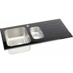 Sauber Kitchen Sink 1.5 Bowl RH Drainer Black Glass Stainless Steel Inset Waste -Faucet Shop 59257179 3