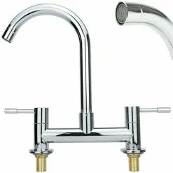 BRIEFNESS Kitchen Sink Mixer Taps 2 Hole Dual Lever Cold And Hot Mixer Tap, Modern 360��Swivel Spout Kitchen Sink Taps Brass Chrome Basin Faucet With UK Standard Fittings 1/4 Turn