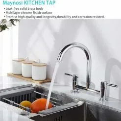 BRIEFNESS Kitchen Sink Mixer Taps 2 Hole Dual Lever Cold And Hot Mixer Tap, Modern 360��Swivel Spout Kitchen Sink Taps Brass Chrome Basin Faucet With UK Standard Fittings 1/4 Turn -Faucet Shop 59499066 4