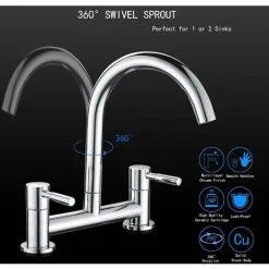 BRIEFNESS Kitchen Sink Mixer Taps 2 Hole Dual Lever Cold And Hot Mixer Tap, Modern 360��Swivel Spout Kitchen Sink Taps Brass Chrome Basin Faucet With UK Standard Fittings 1/4 Turn -Faucet Shop 59499066 5