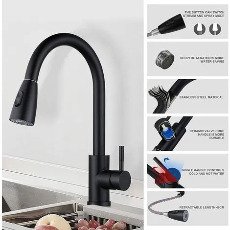 OSQI Black Kitchen Faucet, Sink Mixer Tap With Pull-Out Spray In Stainless Steel, Kitchen Mixer Tap With 2 Jet Modes, High Spout And 360° Rotatable, Anti-Corrosion 5 OSQI Black Kitchen Faucet, Sink Mixer Tap With Pull-Out Spray In Stainless Steel, Kitchen Mixer Tap With 2 Jet Modes, High Spout And 360° Rotatable, Anti-Corrosion - Image 5