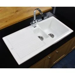 Faucet Shop 9 RAK CERAMICS Ceramic 1.5 Bowl Kitchen Sink With Waste By Rak - White - 20 Year Guarantee