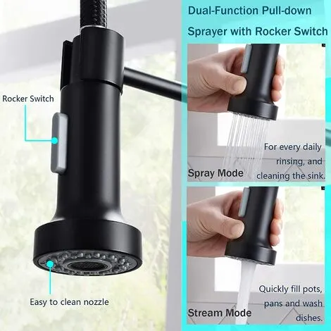 RHAFAYRE Kitchen Taps With Pull Down Sprayer, Kitchen Sink Taps, Brass Black Single Handle Single Lever High Arc Spring Tap(Matte Black) 2 RHAFAYRE Kitchen Taps With Pull Down Sprayer, Kitchen Sink Taps, Brass Black Single Handle Single Lever High Arc Spring Tap(Matte Black) - Image 2