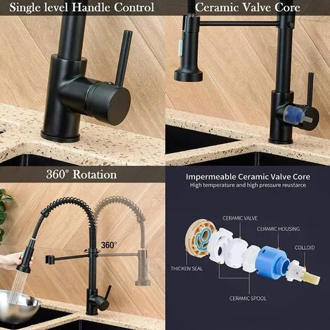 RHAFAYRE Kitchen Taps With Pull Down Sprayer, Kitchen Sink Taps, Brass Black Single Handle Single Lever High Arc Spring Tap(Matte Black) 3 RHAFAYRE Kitchen Taps With Pull Down Sprayer, Kitchen Sink Taps, Brass Black Single Handle Single Lever High Arc Spring Tap(Matte Black) - Image 3