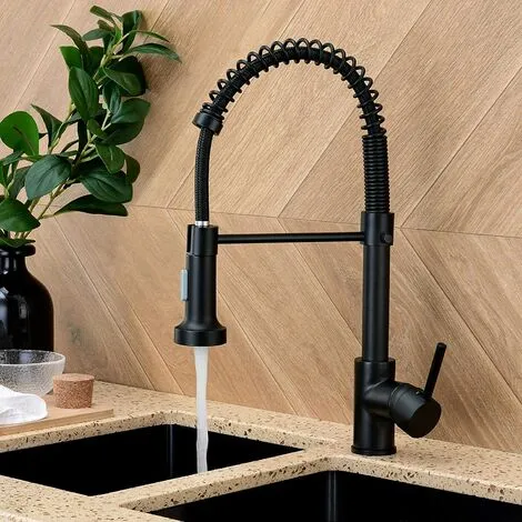 RHAFAYRE Kitchen Taps With Pull Down Sprayer, Kitchen Sink Taps, Brass Black Single Handle Single Lever High Arc Spring Tap(Matte Black) 4 RHAFAYRE Kitchen Taps With Pull Down Sprayer, Kitchen Sink Taps, Brass Black Single Handle Single Lever High Arc Spring Tap(Matte Black) - Image 4