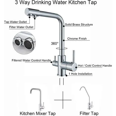Suguword Kitchen Tap 3 Way With Filter Water System Double Handles Drinking Water And Cold Hot Water 360° Swivel Chrome Tap 2 Suguword Kitchen Tap 3 Way With Filter Water System Double Handles Drinking Water And Cold Hot Water 360° Swivel Chrome Tap - Image 2