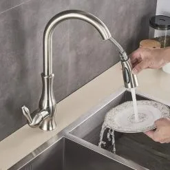 Suguword Kitchen Tap With Pull Out Spray Single Handle Solid Brass 360° Swivel Brushed Nickel Mixer Tap 7 Suguword Kitchen Tap With Pull Out Spray Single Handle Solid Brass 360° Swivel Brushed Nickel Mixer Tap -Faucet Shop 72218599 3