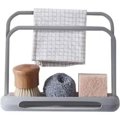 EINEMGELD Telescopic Kitchen Sink Organizer, Cloth Rack, Double Layer, Adjustable, Soap Dish, Steel Sponge Drainer (Gray)