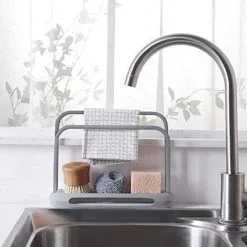 EINEMGELD Telescopic Kitchen Sink Organizer, Cloth Rack, Double Layer, Adjustable, Soap Dish, Steel Sponge Drainer (Gray) -Faucet Shop 75327094 4