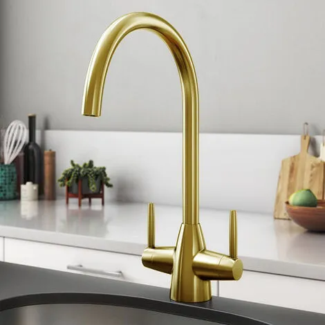 FNX BATHROOMS Brushed Gold Kitchen Sink Dual Lever Mixer Traditional Mixer 1 FNX BATHROOMS Brushed Gold Kitchen Sink Dual Lever Mixer Traditional Mixer