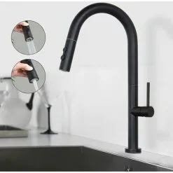JENDREK PAUL LIMITED SHANFO Black Kitchen Faucet, Kitchen Mixer Tap With Pull Out Shower, 360° Rotatable Sink Mixer Tap With 2 Spray Modes Single Lever Modern Kitchen Faucet KB01E