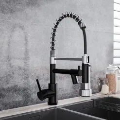 Livingandhome Chrome Black Stainless Steel Kitchen Faucet With Pull Down Spring Spout