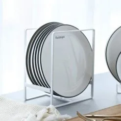 FUHUIDATRADING Plate Rack Organizer,2 Piece 1214cm Plate Holders Vertical Metal Dish Storage Organizer Dying Rack For Kitchen Counter Cabinet Cupboard Camper (White)