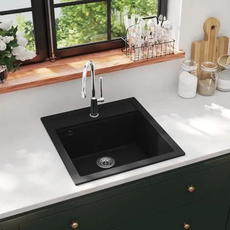 Granite Kitchen Sink Single Basin Black VidaXL 2 Granite Kitchen Sink Single Basin Black VidaXL - Image 2
