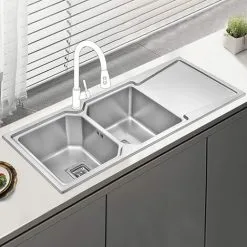 JASSFERRY Brilliant Inset Kitchen Sink 1.2 Mm Thickness Stainless Steel Double 2.0 Large Rectangle Bowl Right Hand Drainer Square Strainer Plug Waste Pipe Kit