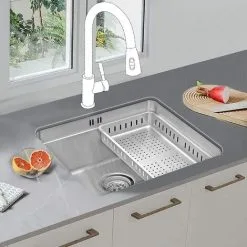 JASSFERRY Undermount Kitchen Sink Single Deep Bowl With Stainless Steel Dish Drainer Rack With Strainer Waste, 490 X 440 Mm