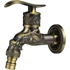 Faucet Shop 53 AOUGO Retro Brass Wall Mounted Faucet, G1/2 Outdoor Garden Faucet, Antique Brass Faucet, Vintage Wall Mounted Faucet, Antique Copper Dragon Carved Faucet For Kitchen Bath Garden