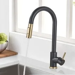 Suguword Black + Gold Brushed Swivel Kitchen Faucet With 2 Spray Modes Sink Faucet Single Lever Kitchen Faucet