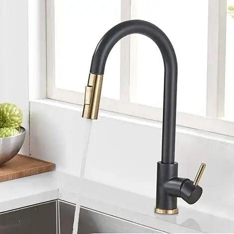 Suguword Black + Gold Brushed Swivel Kitchen Faucet With 2 Spray Modes Sink Faucet Single Lever Kitchen Faucet 1 Suguword Black + Gold Brushed Swivel Kitchen Faucet With 2 Spray Modes Sink Faucet Single Lever Kitchen Faucet