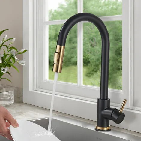 Suguword Black + Gold Brushed Swivel Kitchen Faucet With 2 Spray Modes Sink Faucet Single Lever Kitchen Faucet 2 Suguword Black + Gold Brushed Swivel Kitchen Faucet With 2 Spray Modes Sink Faucet Single Lever Kitchen Faucet - Image 2