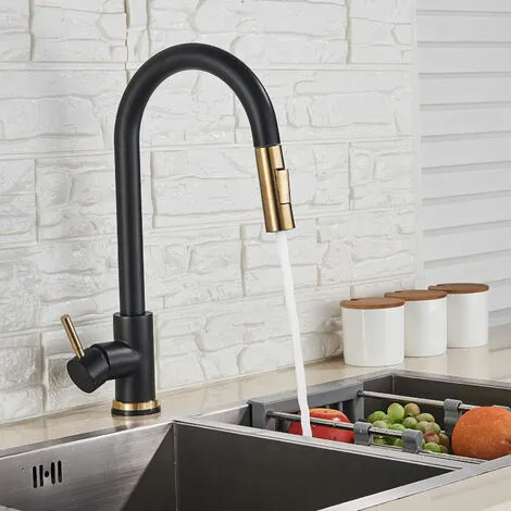 Suguword Black + Gold Brushed Swivel Kitchen Faucet With 2 Spray Modes Sink Faucet Single Lever Kitchen Faucet 3 Suguword Black + Gold Brushed Swivel Kitchen Faucet With 2 Spray Modes Sink Faucet Single Lever Kitchen Faucet - Image 3