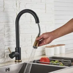 Suguword Black + Gold Brushed Swivel Kitchen Faucet With 2 Spray Modes Sink Faucet Single Lever Kitchen Faucet 8 Suguword Black + Gold Brushed Swivel Kitchen Faucet With 2 Spray Modes Sink Faucet Single Lever Kitchen Faucet -Faucet Shop 95043459 4