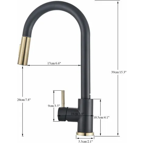 Suguword Black + Gold Brushed Swivel Kitchen Faucet With 2 Spray Modes Sink Faucet Single Lever Kitchen Faucet 5 Suguword Black + Gold Brushed Swivel Kitchen Faucet With 2 Spray Modes Sink Faucet Single Lever Kitchen Faucet - Image 5