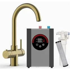 Liquida HT31BG 3 In 1 Brushed Gold Hot Water Kitchen Tap, Tank And Filter
