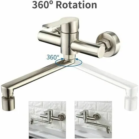 HEGUYEY Wall-mounted Kitchen Mixer 2 Water Jets Kitchen Faucet Taps 360° Rotatable Faucet Wall Mounting 2 HEGUYEY Wall-mounted Kitchen Mixer 2 Water Jets Kitchen Faucet Taps 360° Rotatable Faucet Wall Mounting - Image 2