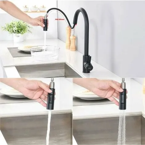 HEGUYEY One Piece Kitchen Faucet With Pull Out Spray Matte 360° Swivel Stainless Steel Kitchen Sink Faucet 2 Functions Kitchen Faucet (Black) 2 HEGUYEY One Piece Kitchen Faucet With Pull Out Spray Matte 360° Swivel Stainless Steel Kitchen Sink Faucet 2 Functions Kitchen Faucet (Black) - Image 2