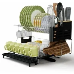 Gymax 2-Tier Rust Resistant Dish Drying Rack Detachable Dish Drainer Rack